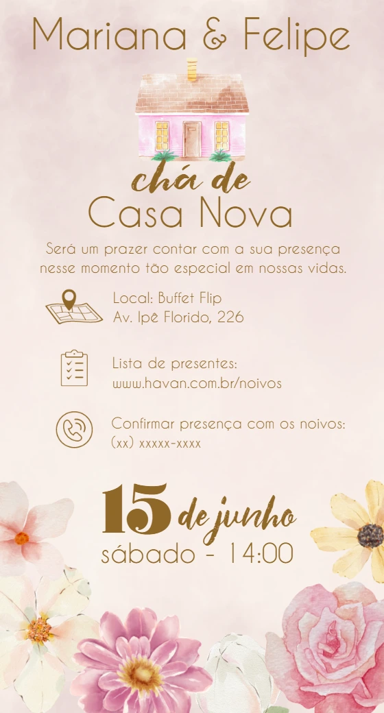 Convite Chá de Casa Nova Aquarela Floral para Editar Online