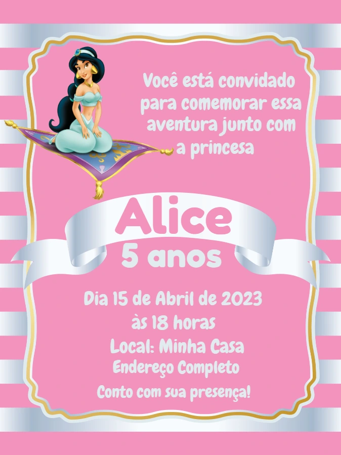 Convite Editável Aniversário Princesa Jasmine Rosa para Imprimir