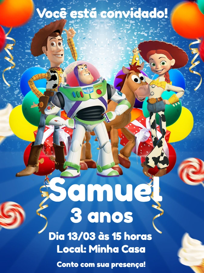Convite de Aniversário Toy Story com Personagens para Editar