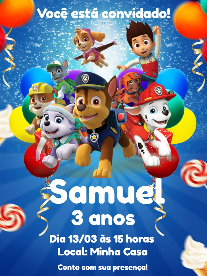 Convite de Aniversário Patrulha Canina para Editar Online