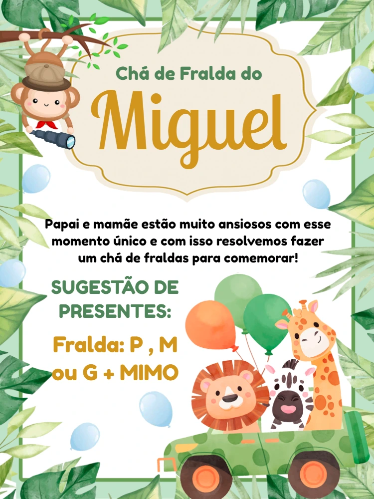 Convite Chá de Fraldas Safari com Animais para Editar Online