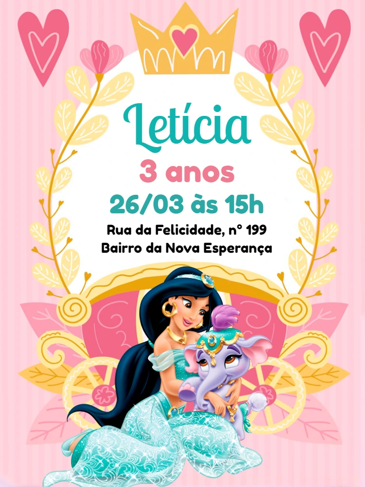 Convite Aniversário Princesa Jasmine para Editar Online