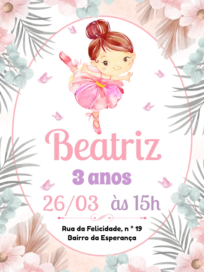 Convite Aniversário Bailarina Delicada para Editar Online