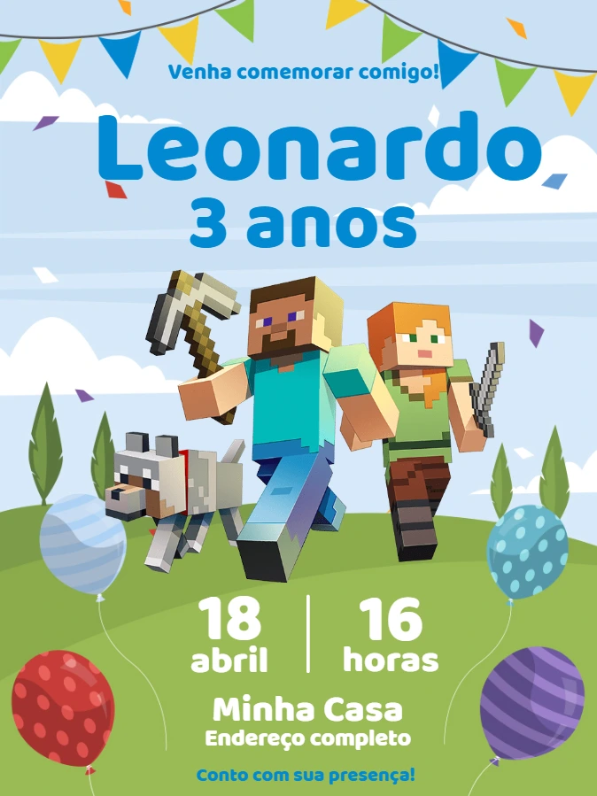 Convite de Aniversário Minecraft com Personagens para Editar