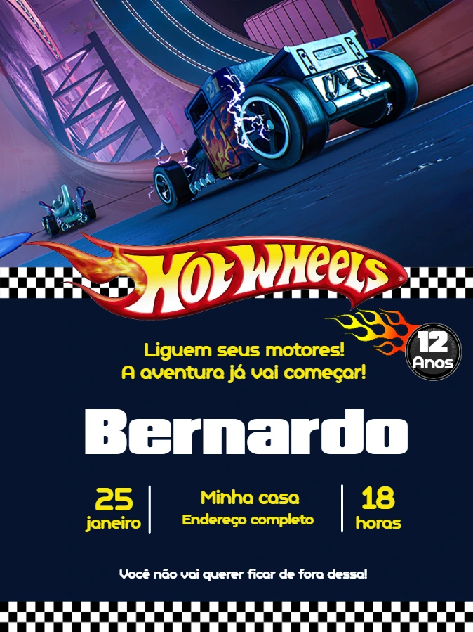 Convite de Aniversário Hot Wheels Editável para Enviar Online