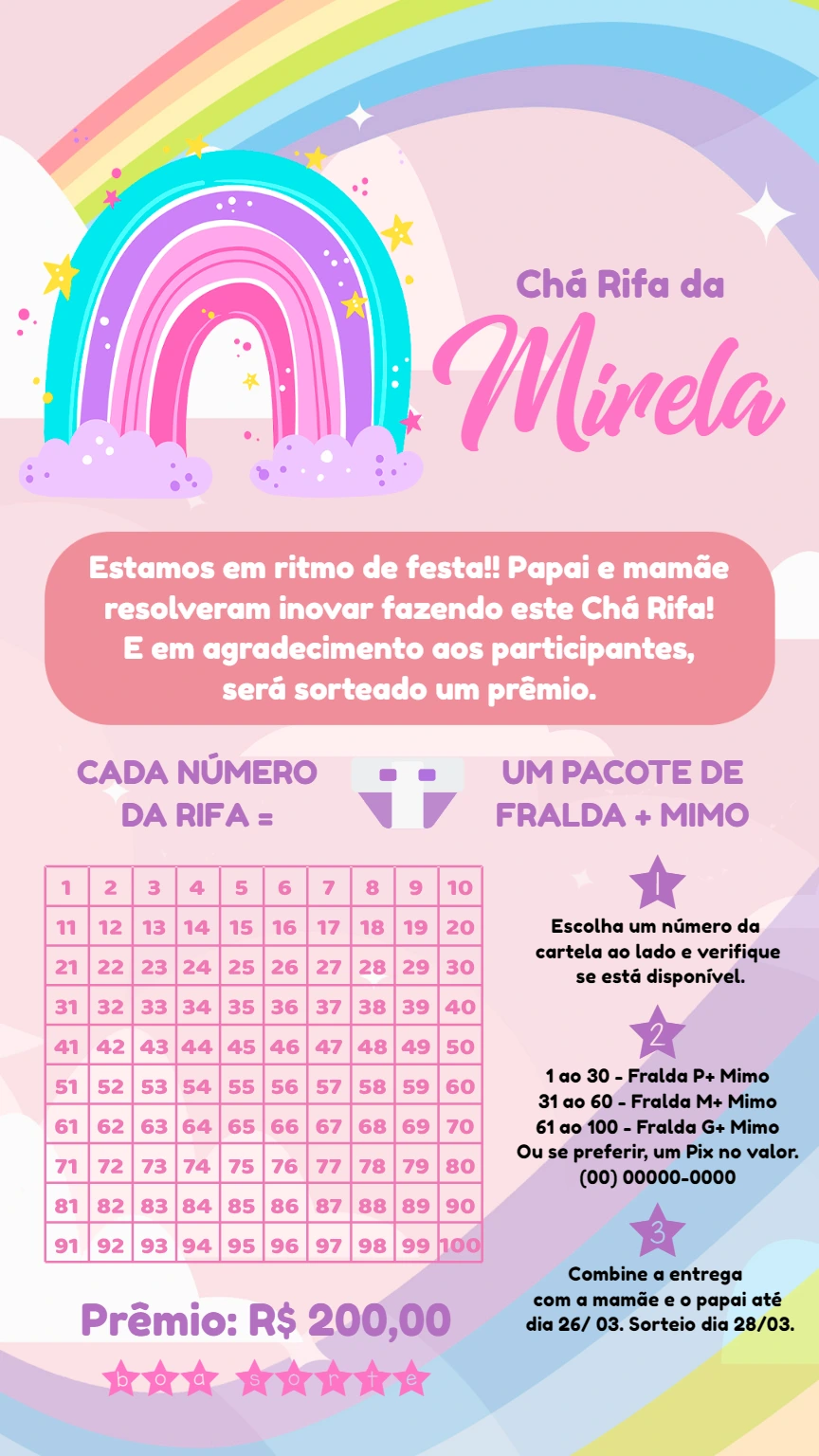 Convite Chá Rifa Arco Íris Delicado para Editar e Imprimir