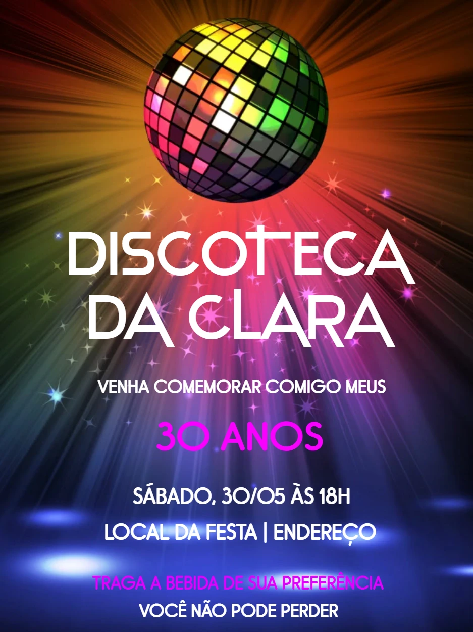Convite Aniversário Discoteca Anos 90 para Editar Online