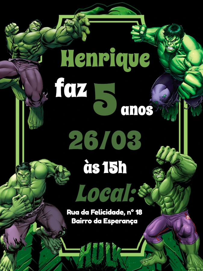 Convite de Aniversário do Hulk Editável para Enviar Online