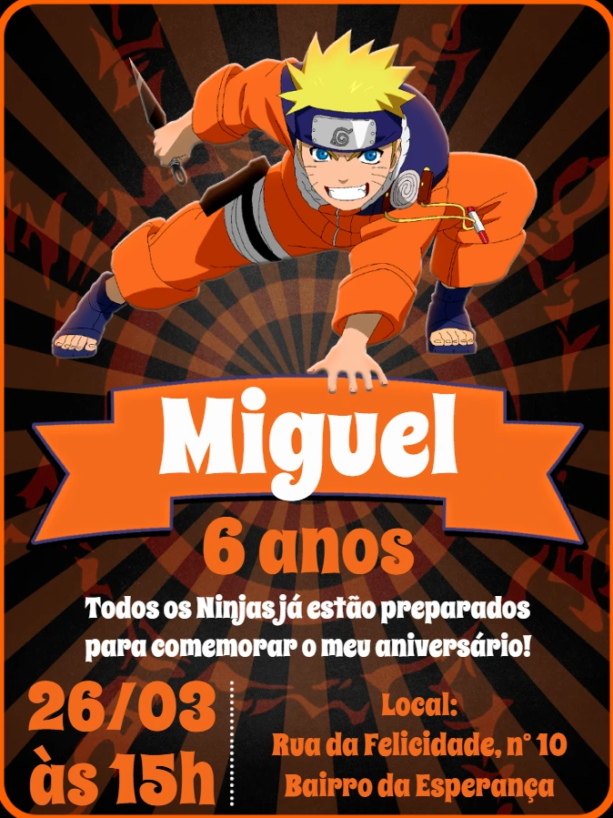 Convite de Aniversário Naruto Editável Online para Imprimir