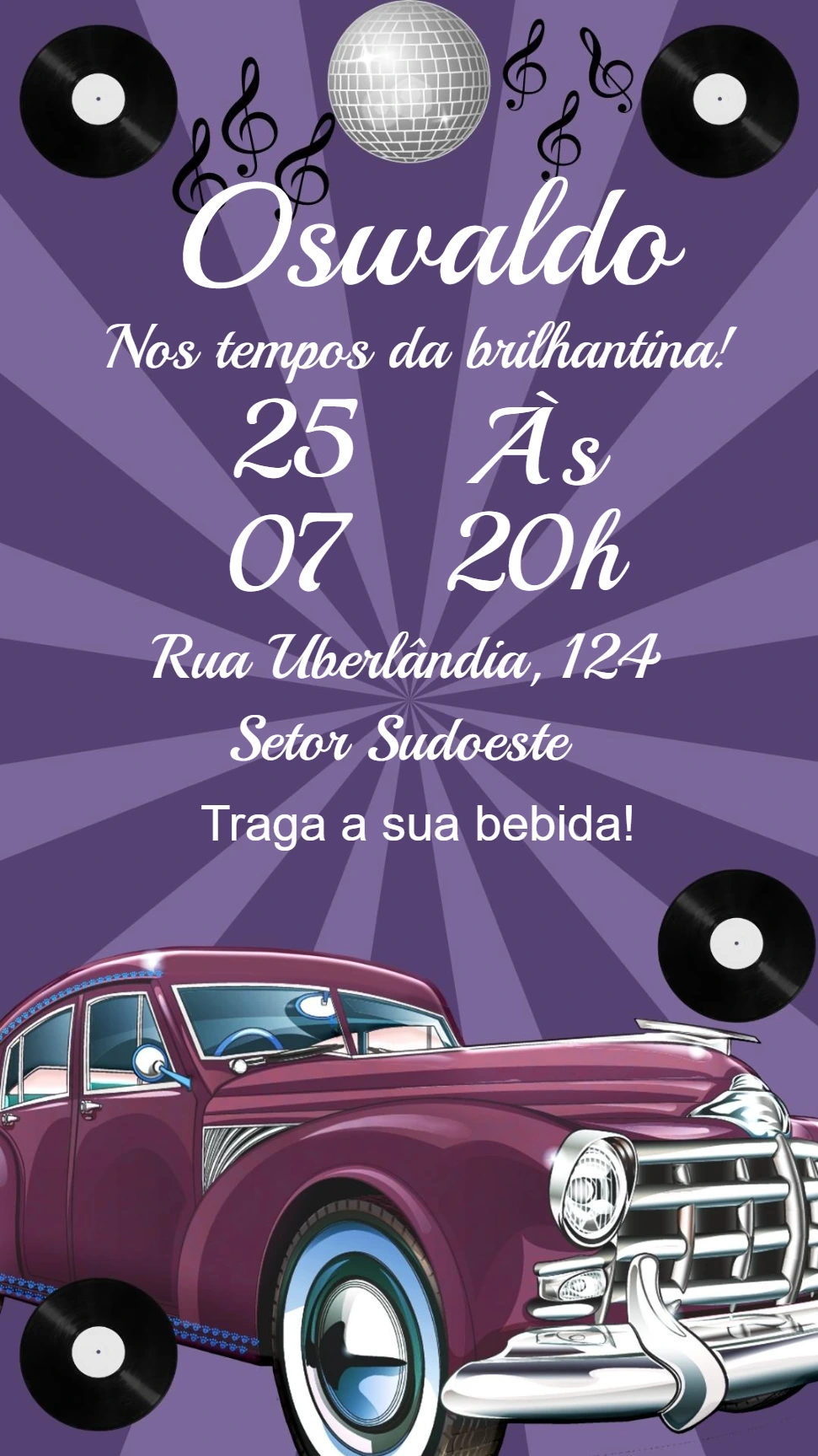 Convite Aniversário Anos 60 Retrô com Carro para Editar Online