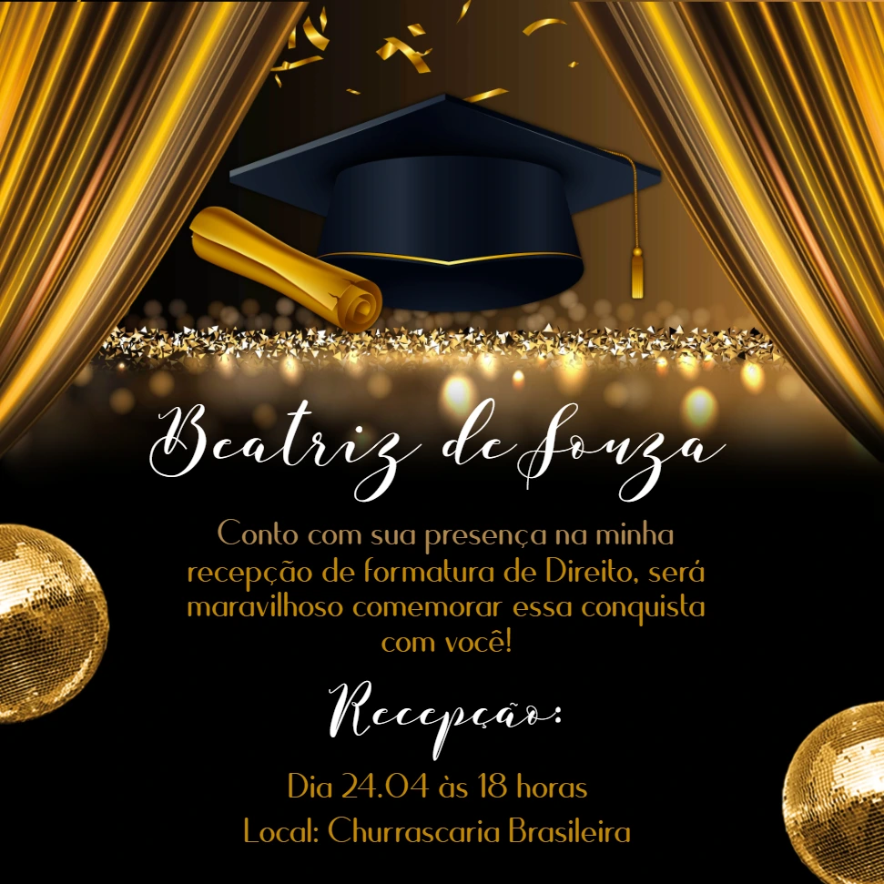 Convite de Formatura Dourado Elegante para Editar Online