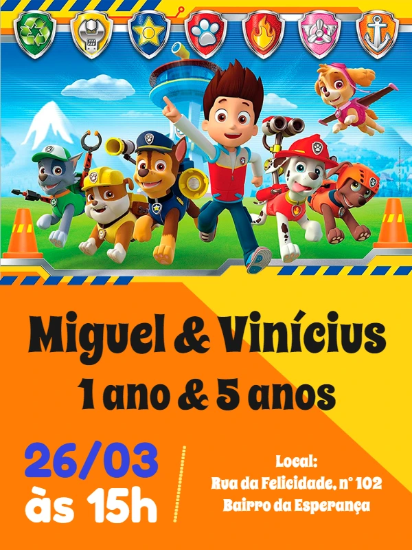 Convite Aniversário Duplo Patrulha Canina para Editar Online