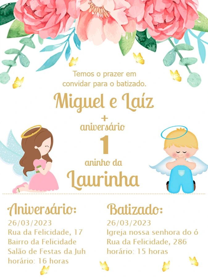 Convite Batizado e Aniversário Anjinhos para Editar Online