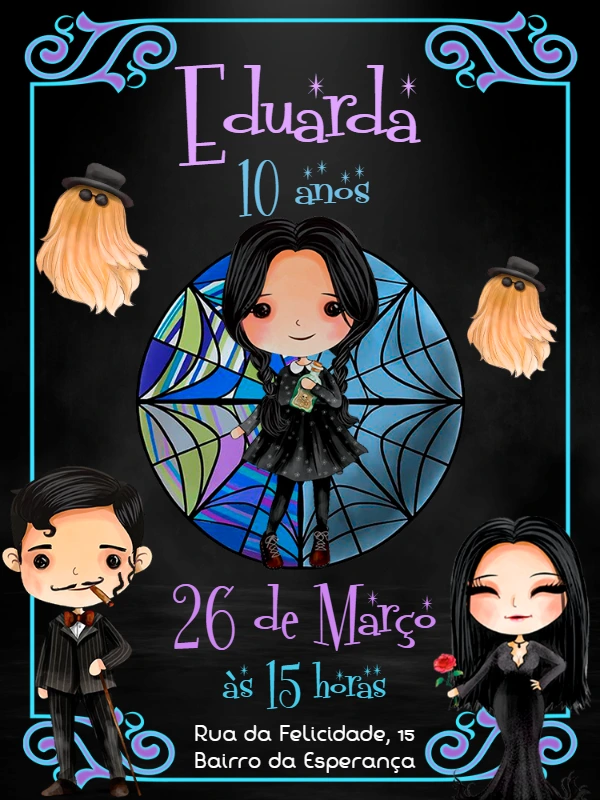 Convite de Aniversário Wandinha Addams com Personagens para Editar