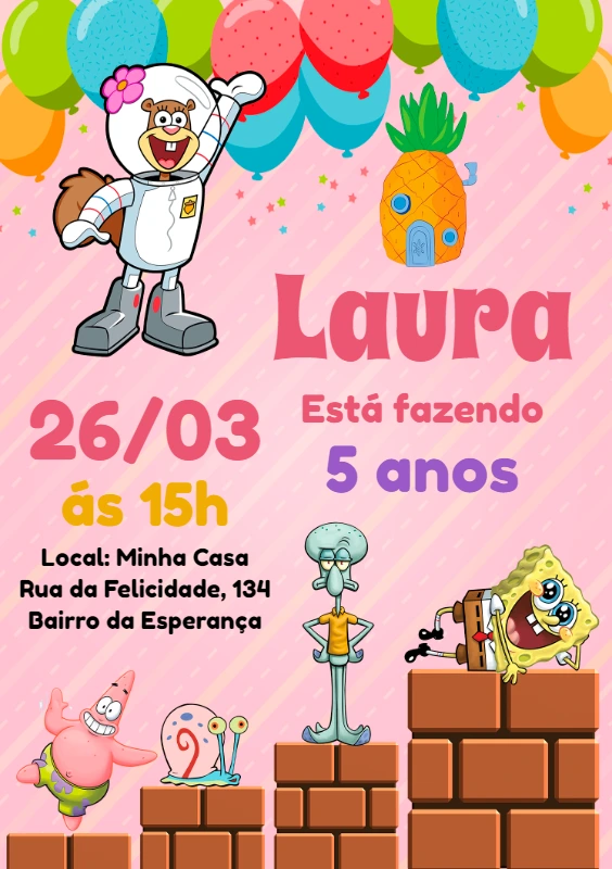 Convite de Aniversário Bob Esponja e Turma para Editar Online