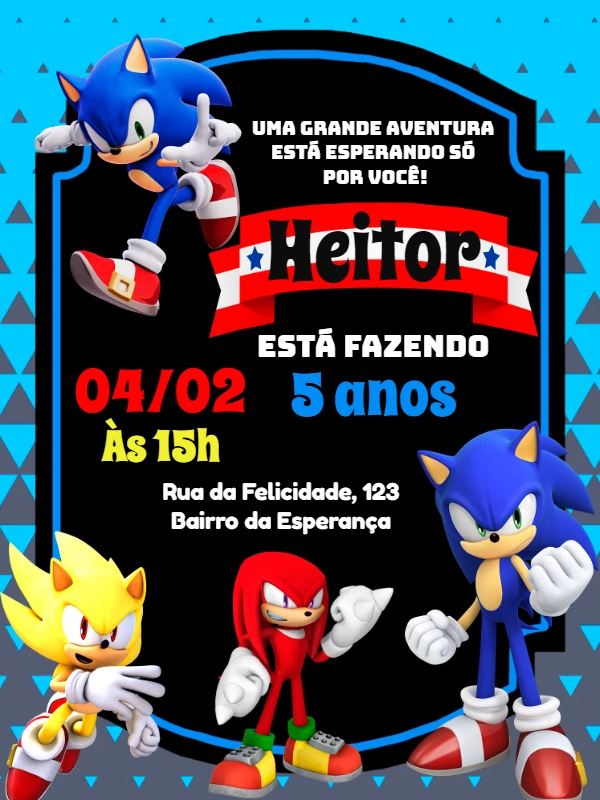 Convite Aniversário Sonic e Amigos para Editar Online