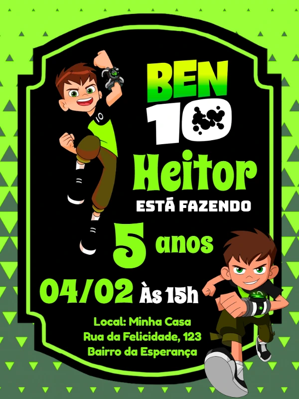 Convite de Aniversário Ben 10 com Personagens para Editar Online