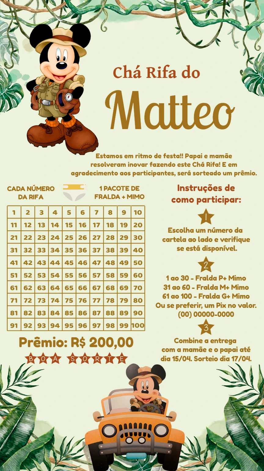 Rifa Chá de Bebê Safari do Mickey para Editar Online