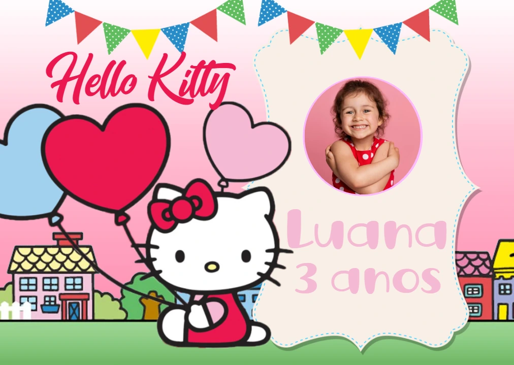 Painel de Aniversário Hello Kitty com Foto para Editar Online