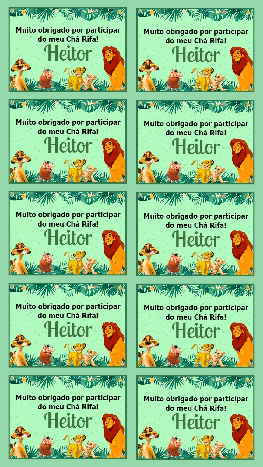 Tag de Agradecimento Rei Leão para Lembrancinha Editável