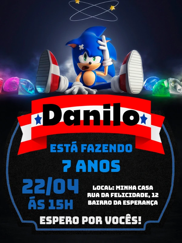 Convite Aniversário Sonic Editável Online para Imprimir