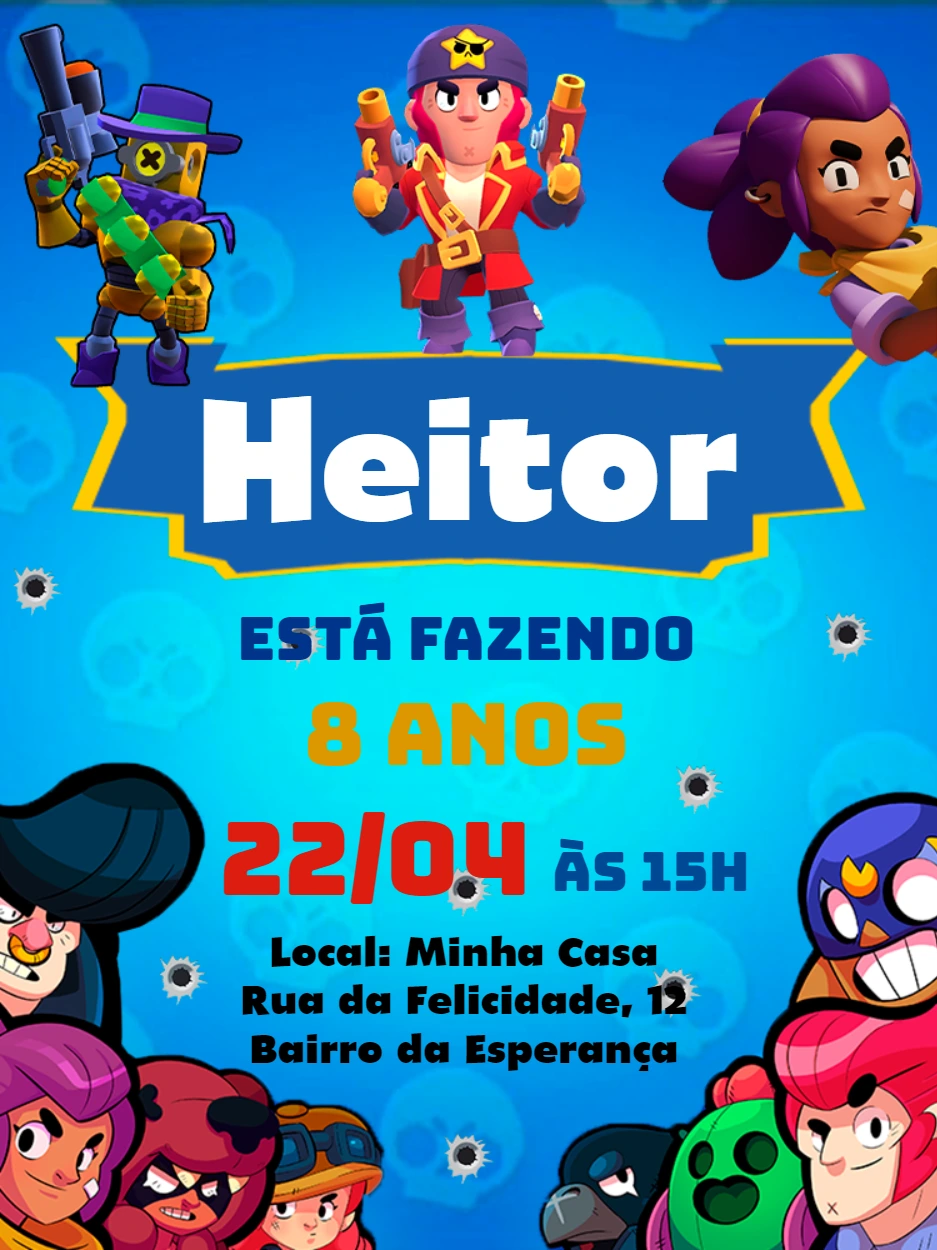 Convite de Aniversário Brawl Stars com Personagens para Editar
