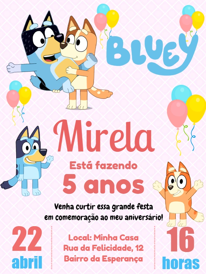 Convite de Aniversário Bluey e Bingo para Editar Online