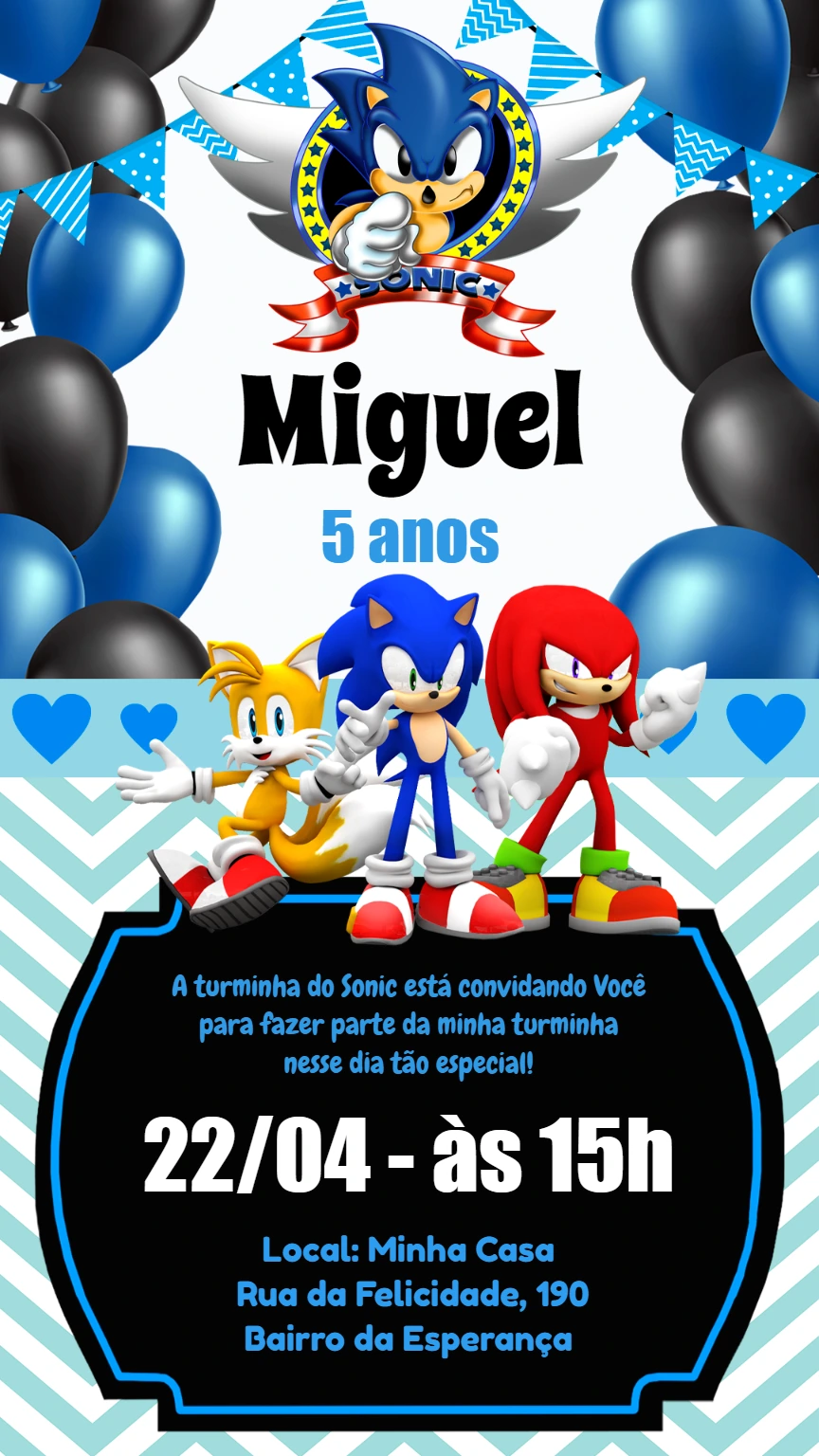 Convite Aniversário Sonic com a Turma para Editar Online