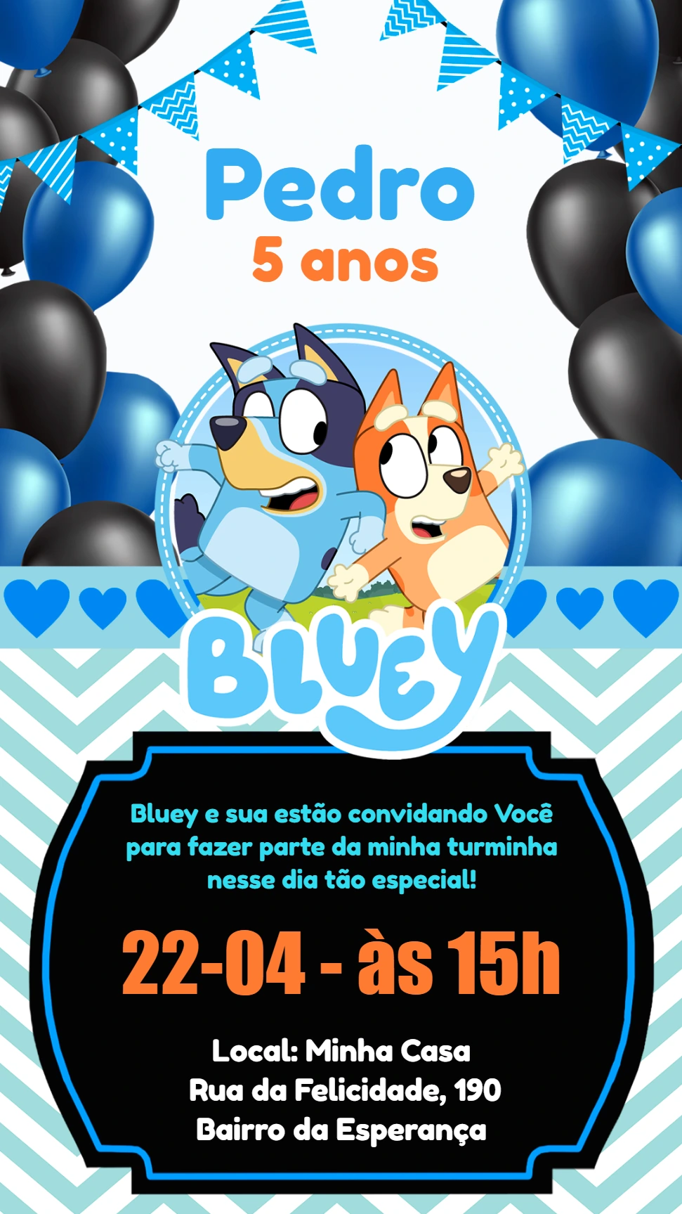 Convite Aniversário Bluey e Bingo para Editar Online