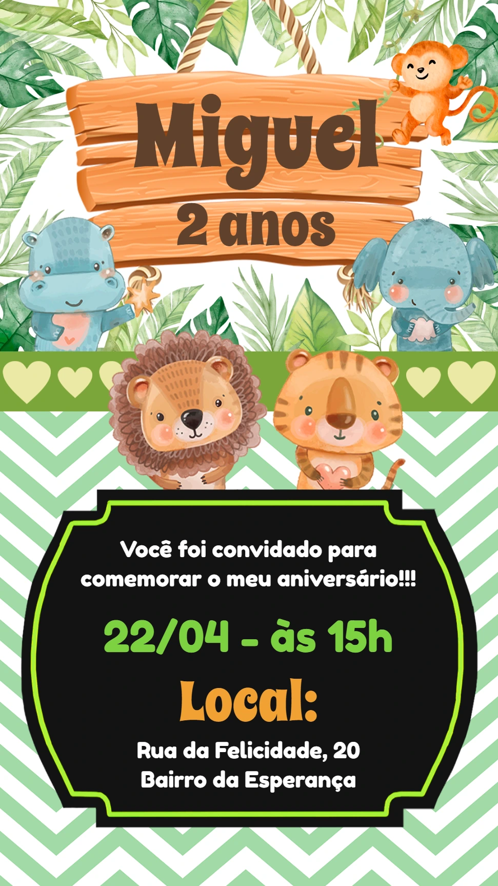Convite Aniversário Safari com Animais Fofos para Editar Online