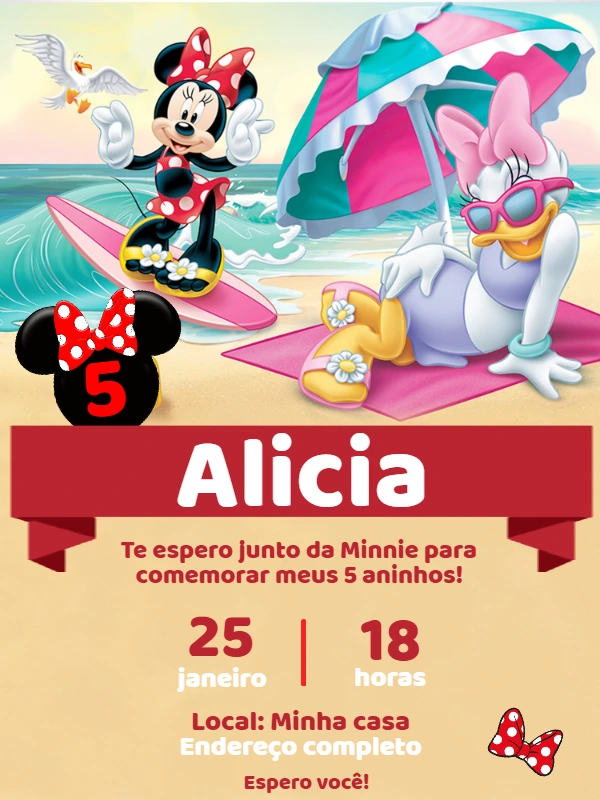 Convite Aniversário Minnie e Margarida na Praia para Editar