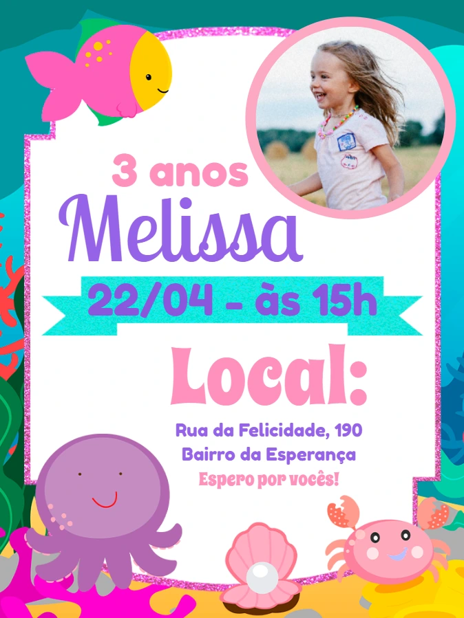Convite Aniversário Fundo do Mar com Foto para Editar Online