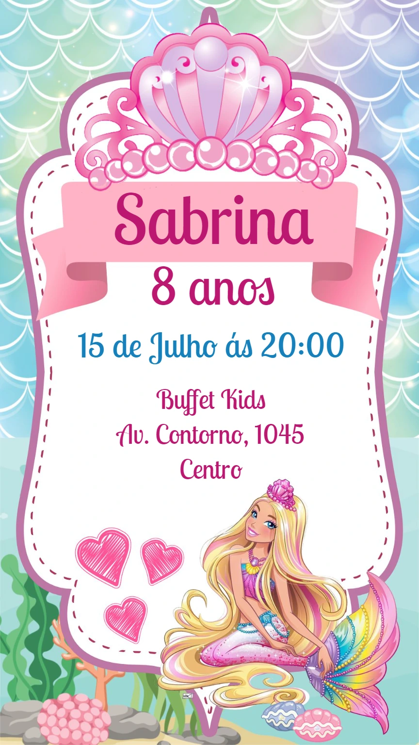 Convite Aniversário Barbie Sereia para Editar Online