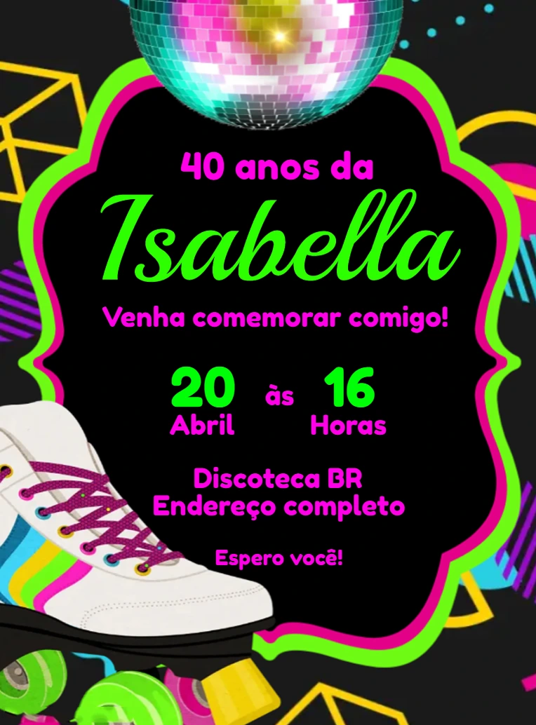 Convite de Aniversário Discoteca Anos 80 para Editar Online