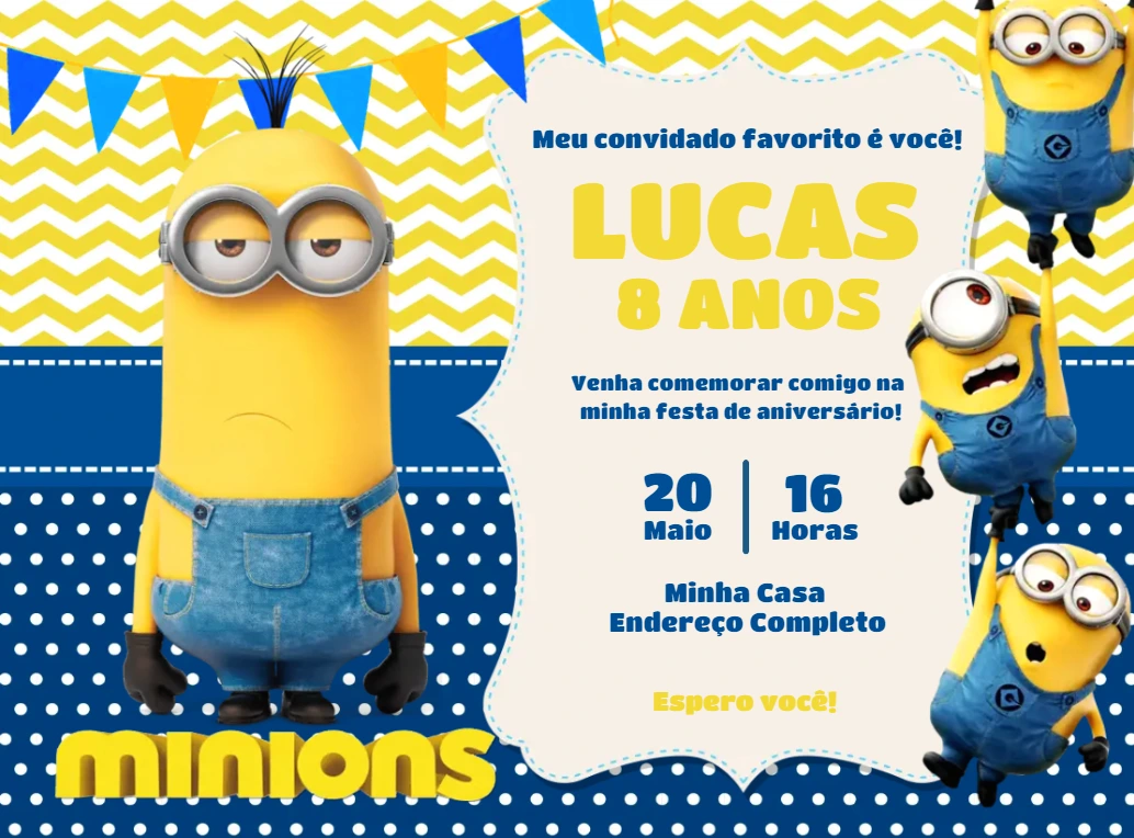 Convite de Aniversário Minions para Editar Online e Imprimir