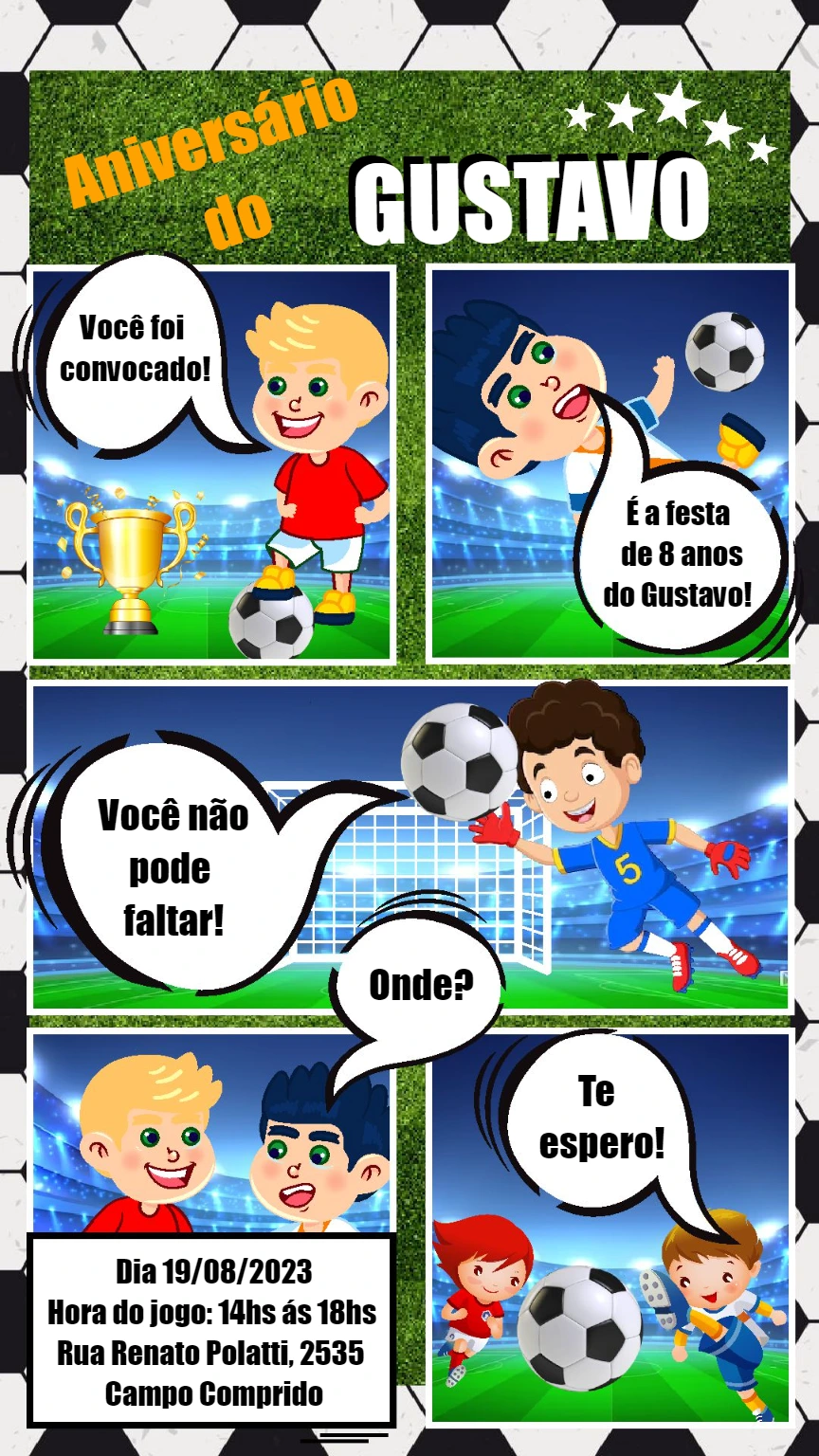Convite de Aniversário Futebol Quadrinhos para Editar Online