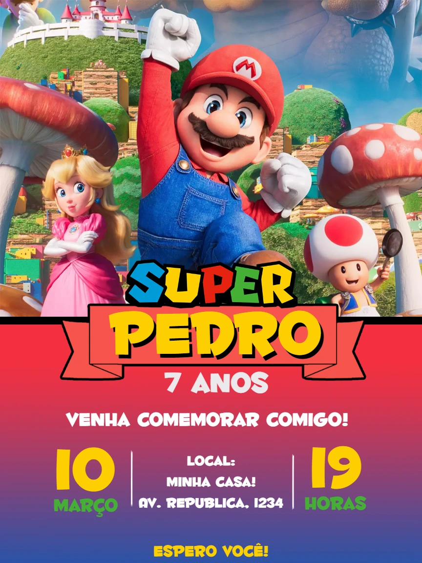 Convite de Aniversário Super Mario Bros para Editar Online