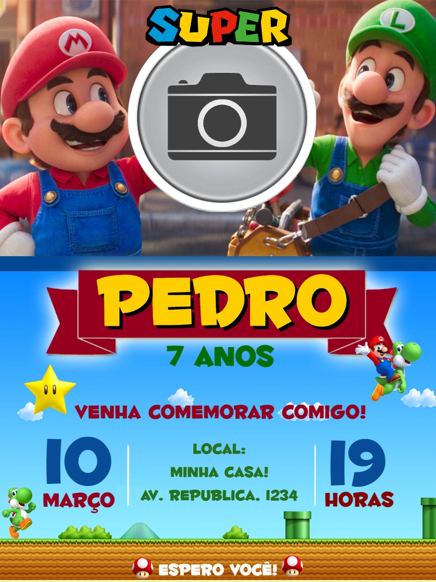 Convite de Aniversário Super Mario Bros com Foto para Editar
