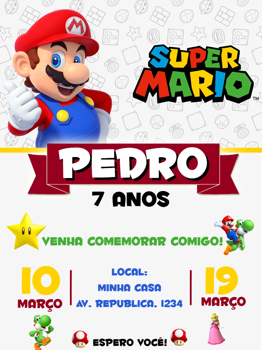 Convite de Aniversário Super Mario para Editar Online