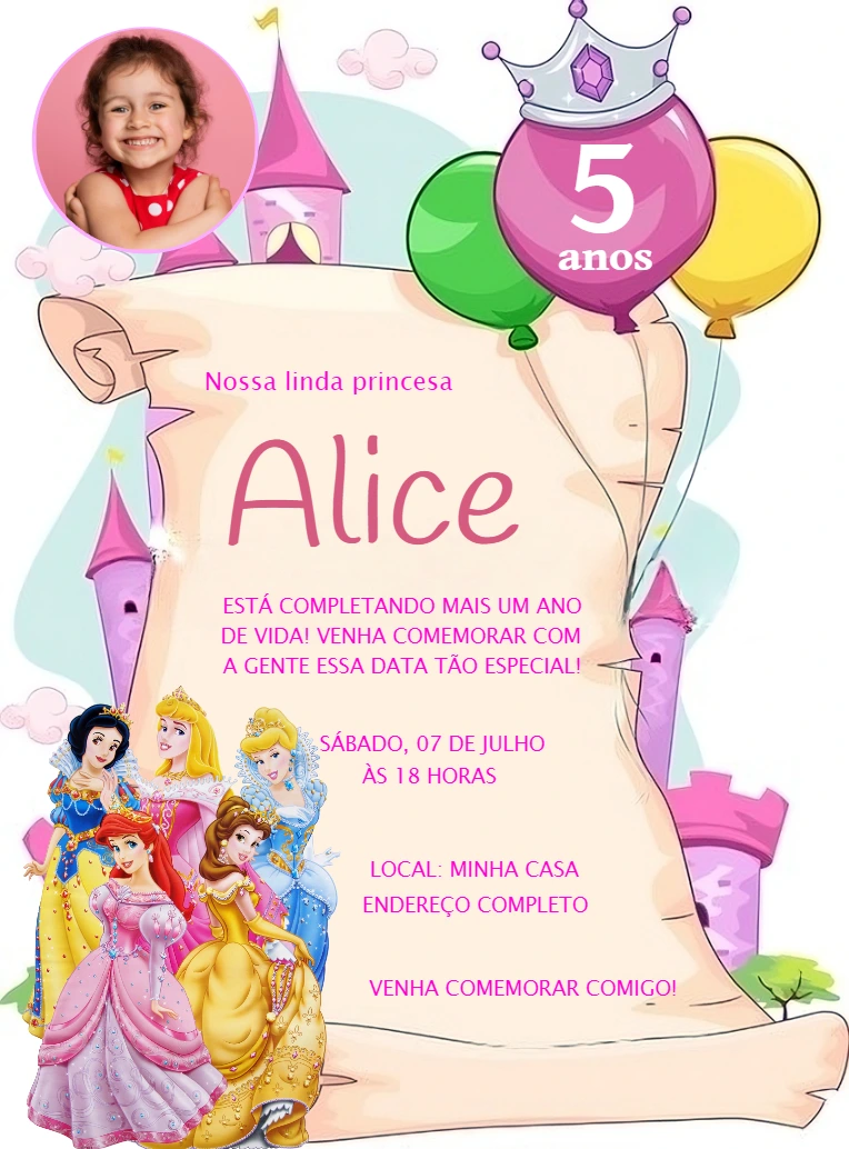 Convite Aniversário Princesas com Foto para Editar Online
