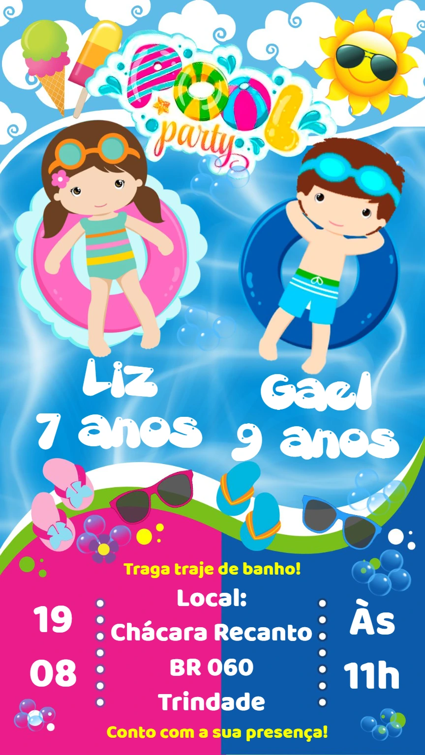 Convite Pool Party Menina e Menino para Editar Online