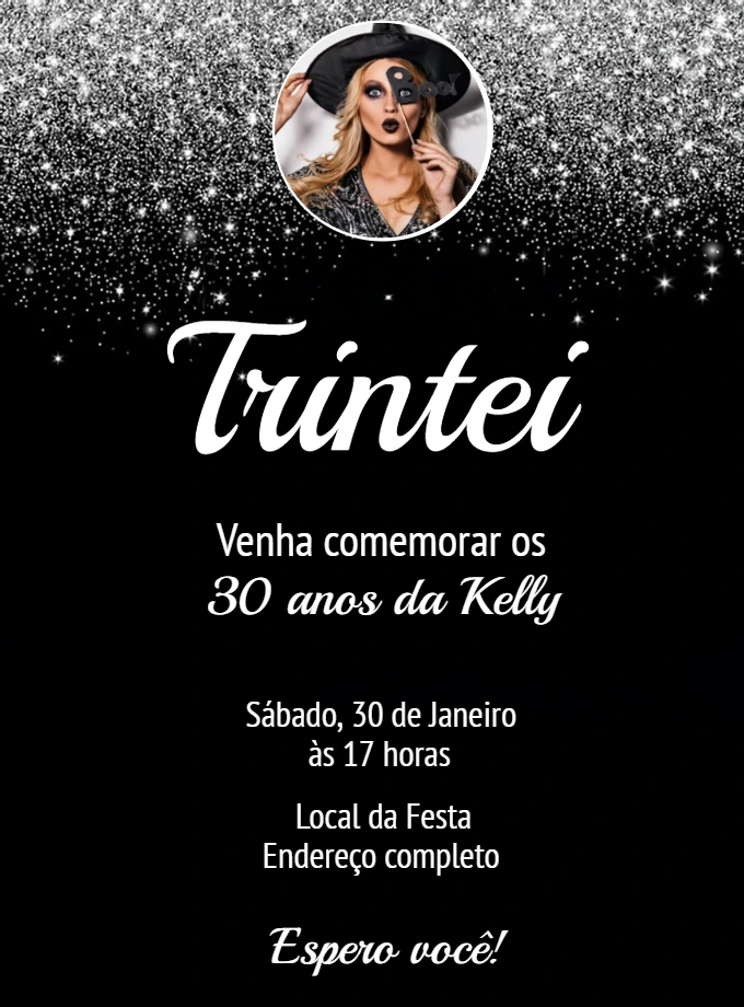 Convite de Aniversário Glitter com Foto para Editar Online
