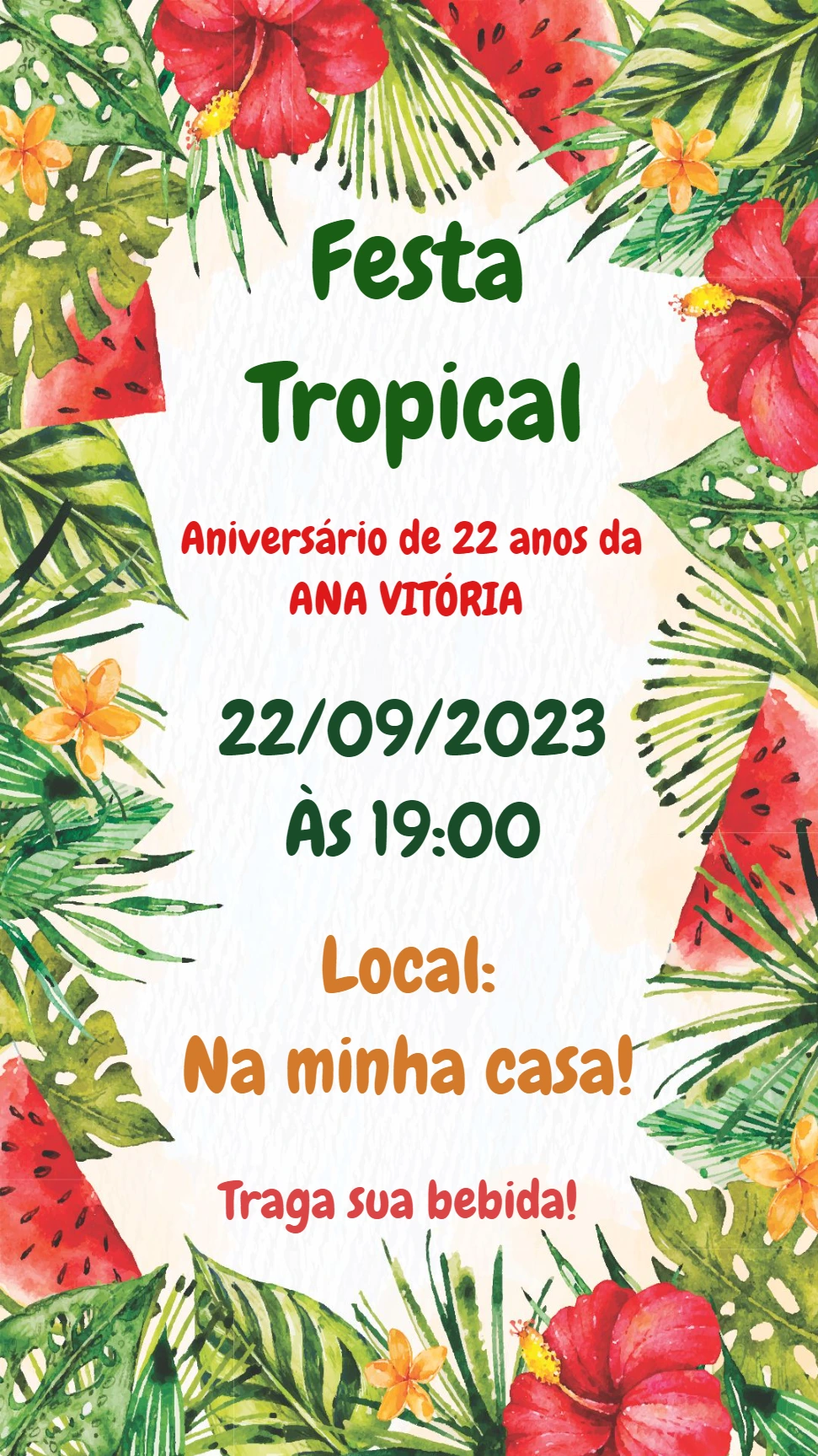 Convite de Aniversário Festa Tropical com Flores para Editar