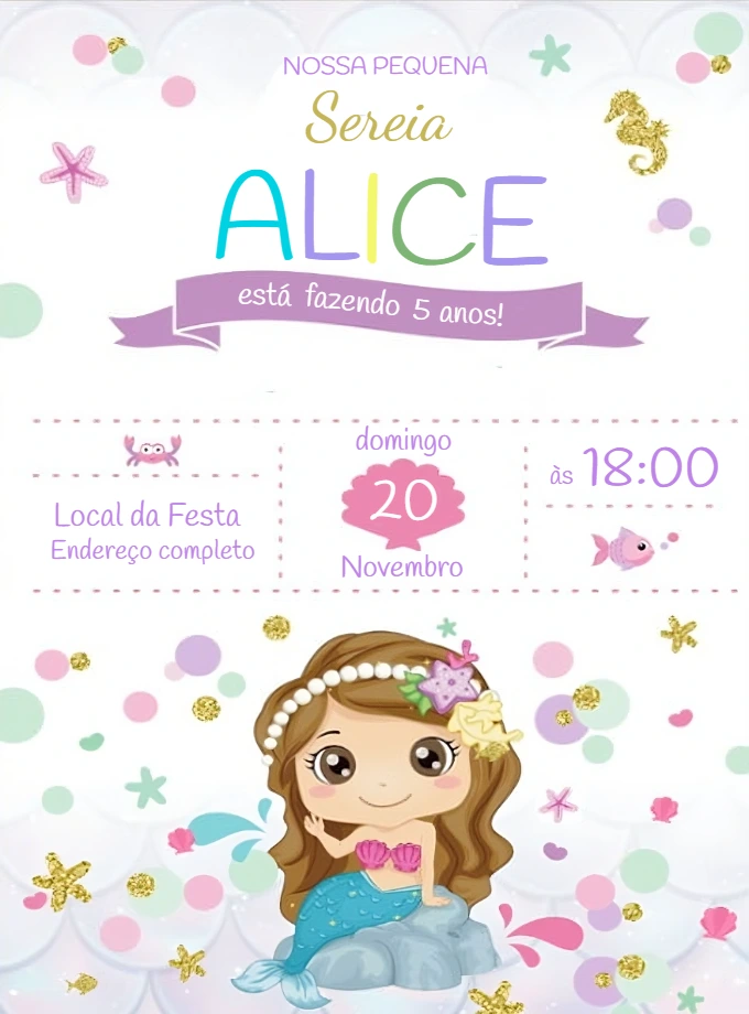 Convite Aniversário Sereia Fofa para Editar Online