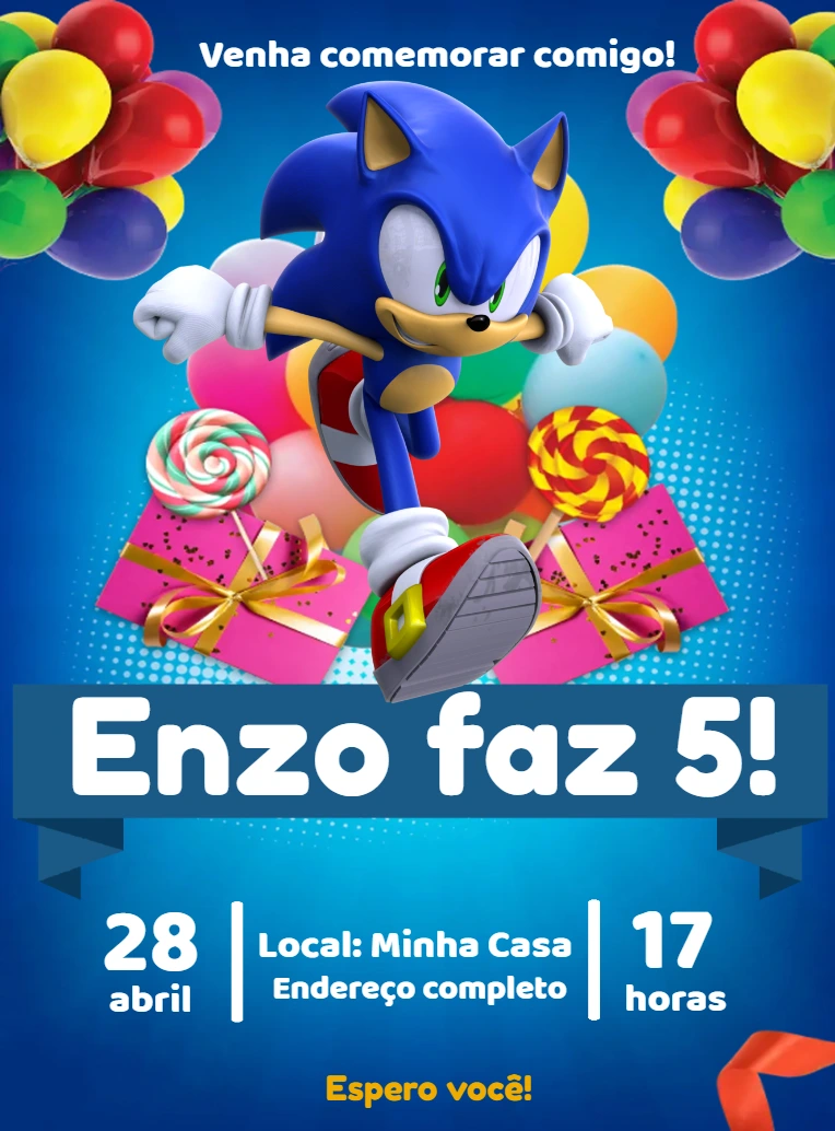 Convite de Aniversário Sonic para Editar Online e Imprimir