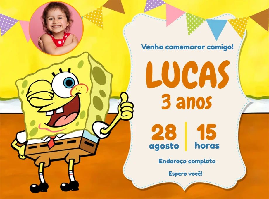 Convite de Aniversário Bob Esponja com Foto para Editar
