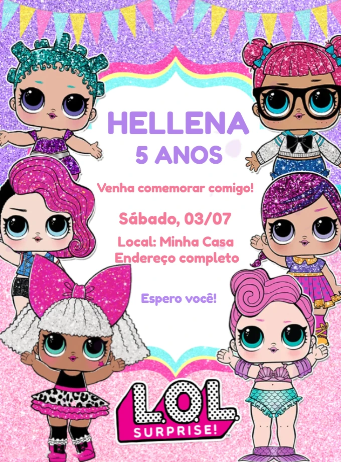 Convite Aniversário Lol Surprise com Bonecas para Editar Online