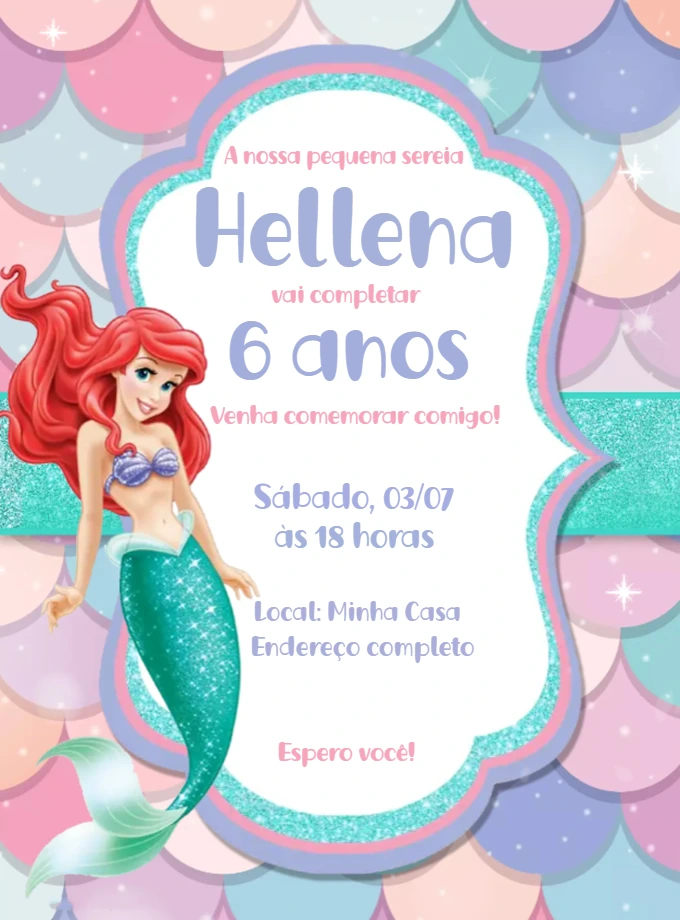 Convite Aniversário Pequena Sereia Ariel para Editar Online
