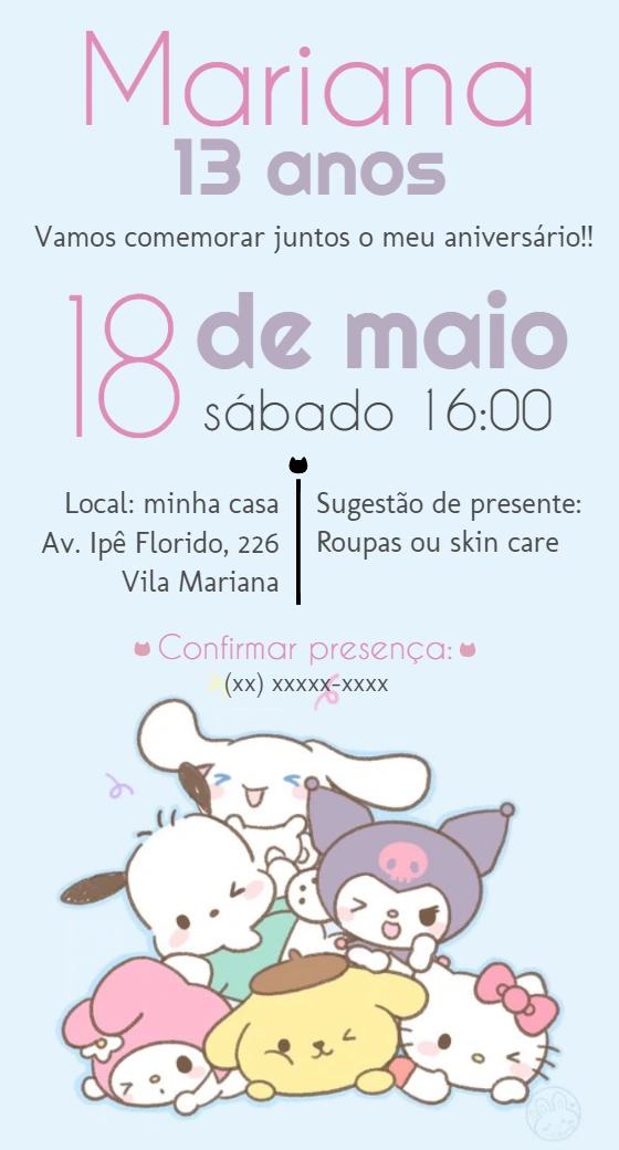Convite de Aniversário Sanrio Hello Kitty e Turma para Editar