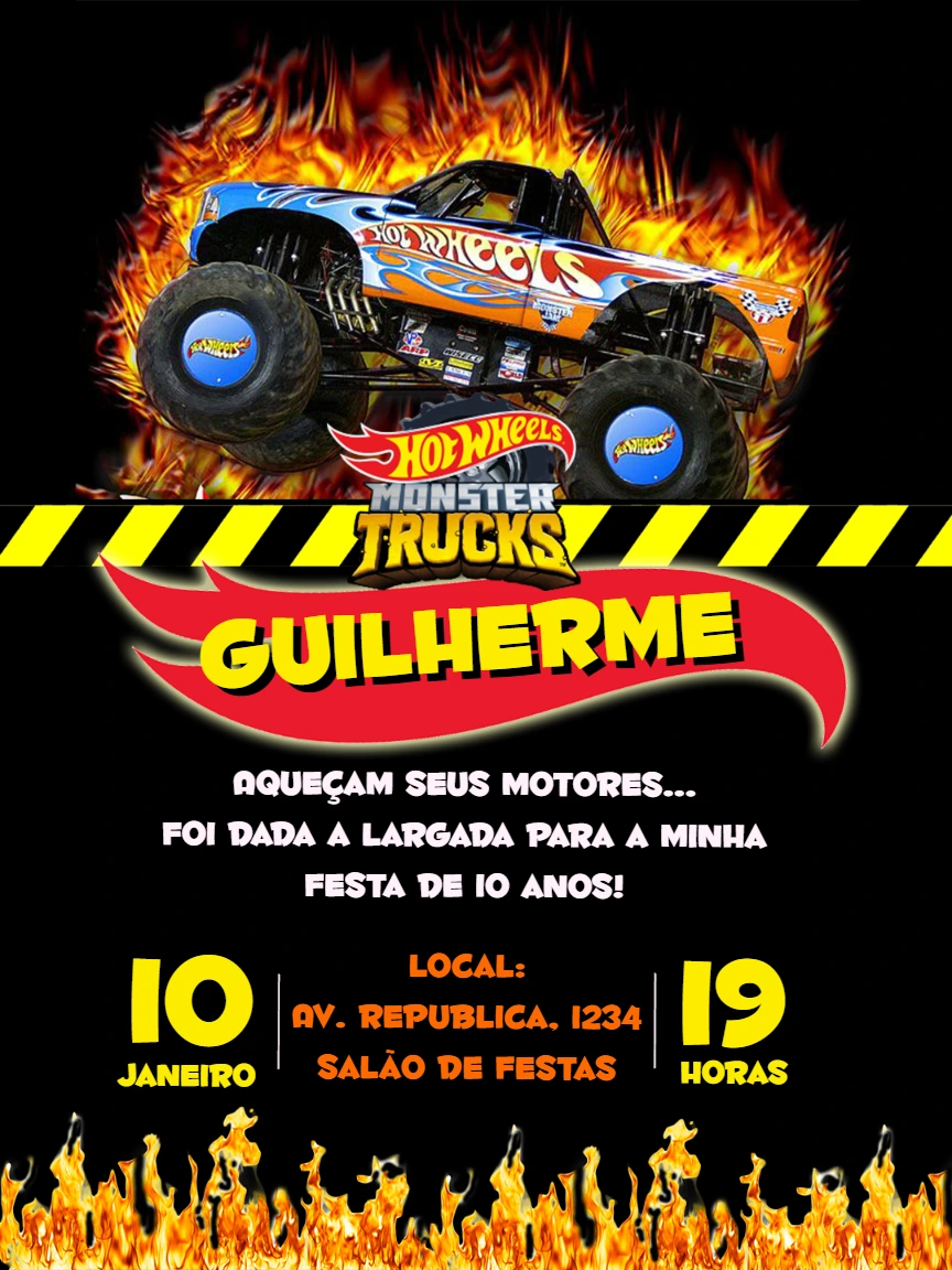 Convite de Aniversário Hot Wheels Monster Trucks para Editar